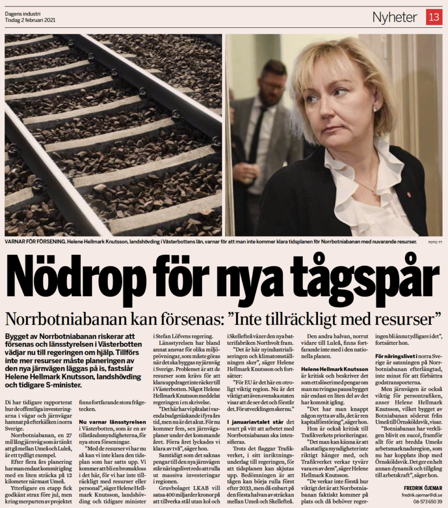 Dagens industri: Nödrop för nya tågspår